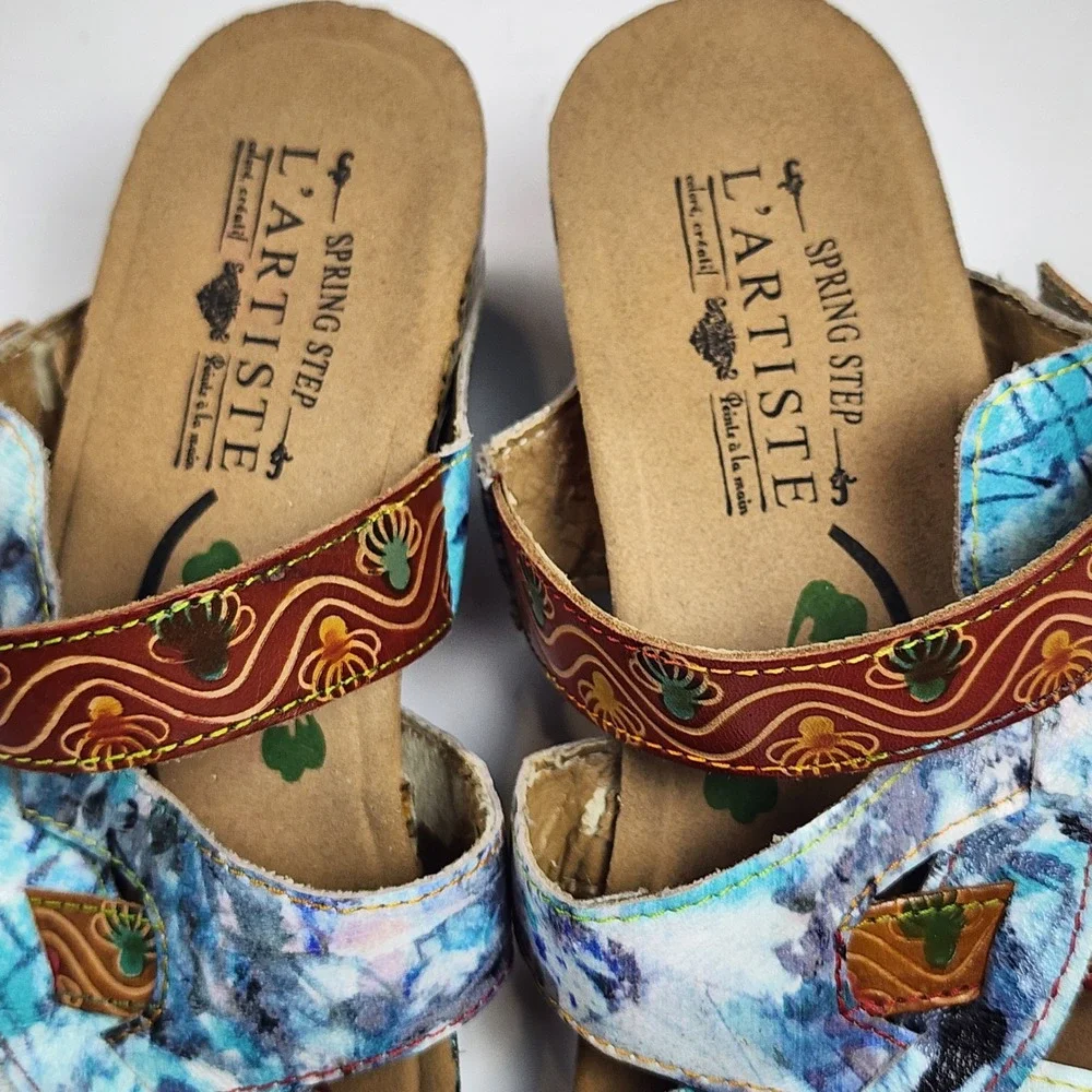 L'Artiste Spring Step Leather Wedge Sandals Women US 6.5 37 Floral Animal Casual
